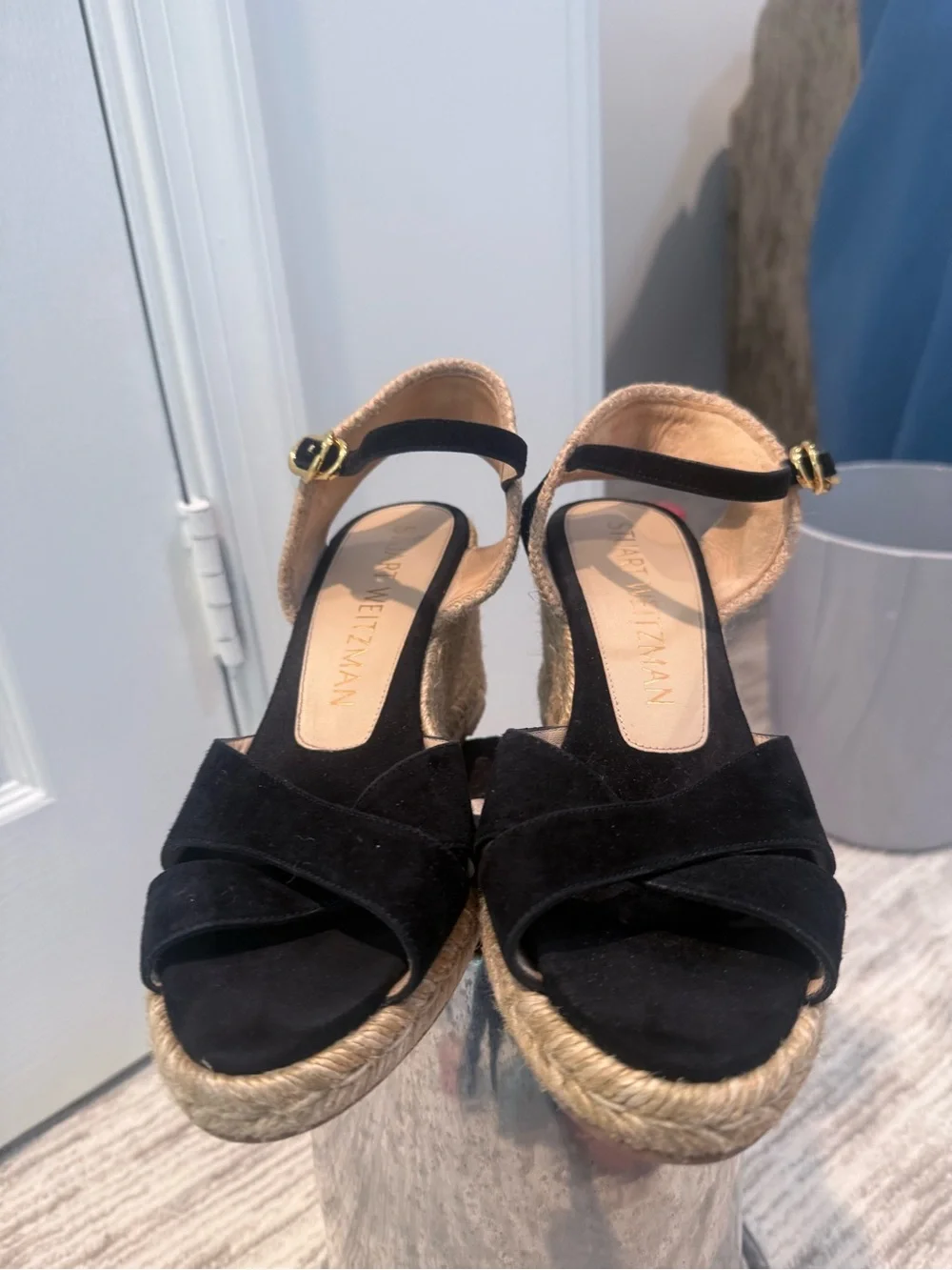 Stuart Weitzman Black Suede Espadrille Wedge Sandals with Ankle Strap - Picture 3 of 9